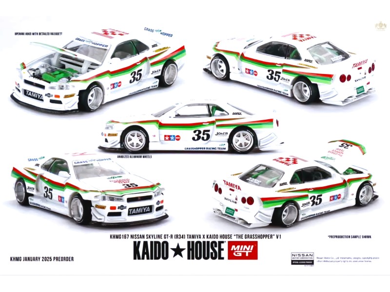 NISSAN SKYLINE GT-R (R34) TAMIYA " THE GRASSHOPPER" V1 1999 - bílá - 1:64 - Kaido Hous