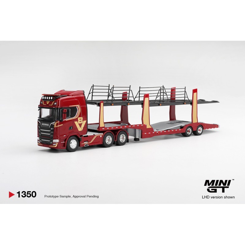 Mini GT Scania 770S A6x4NA Car Transporter V8 50th anniversary + Car transporter Red 1:64 - MGT01350-L